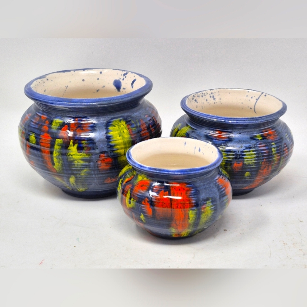 Vintage Ceramic Pots Blue With Orange And Yellow Splatter Glaze